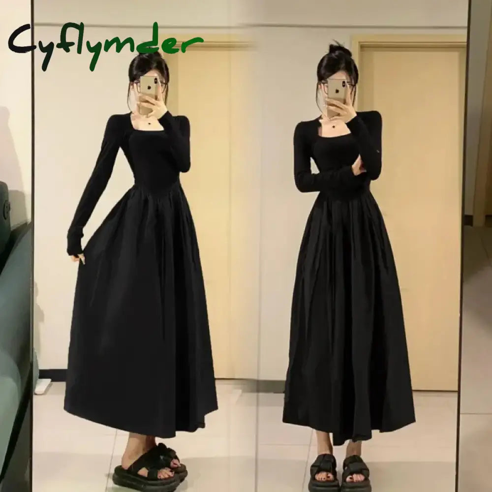 Cyflymder Hebon Black Long Sleeve Fitted Dress Elegant Women’s Medium-length Skirt Slimming Style For Autumn/winter New