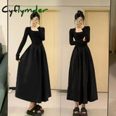 Cyflymder Hebon Black Long Sleeve Fitted Dress Elegant Women’s Medium-length Skirt Slimming Style For Autumn/winter New