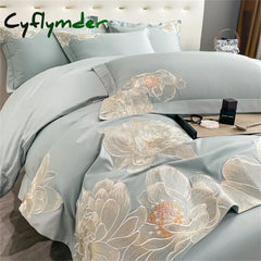 Cyflymder High-End Floral Embroidery Green Red Bedding Set Luxury Egyptian Cotton Solid Duvet Cover Flat or Fitted Bed