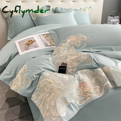 Cyflymder High-End Floral Embroidery Green Red Bedding Set Luxury Egyptian Cotton Solid Duvet Cover Flat or Fitted Bed