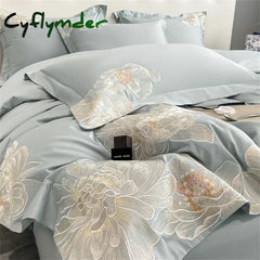 Cyflymder High-End Floral Embroidery Green Red Bedding Set Luxury Egyptian Cotton Solid Duvet Cover Flat or Fitted Bed