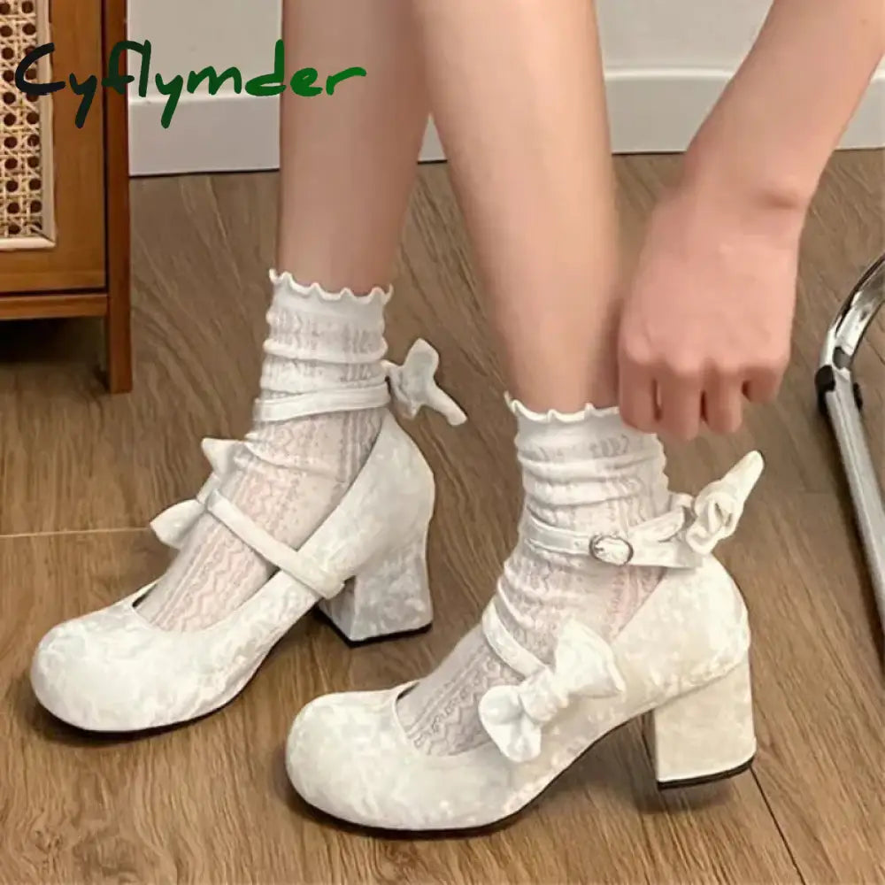 Cyflymder High heeled Mary Jane shoes Women New French Velvet Thick Heel Pumps Female Square Heel Single Shoes White