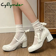 Cyflymder High heeled Mary Jane shoes Women New French Velvet Thick Heel Pumps Female Square Heel Single Shoes White