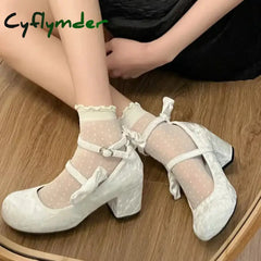 Cyflymder High heeled Mary Jane shoes Women New French Velvet Thick Heel Pumps Female Square Heel Single Shoes White