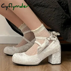 Cyflymder High heeled Mary Jane shoes Women New French Velvet Thick Heel Pumps Female Square Heel Single Shoes White