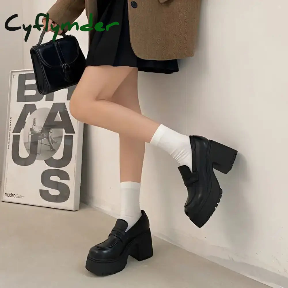 Cyflymder High Heels Loafers Women Shoes Retro Chunky Heels Pumps Woman Uniform College Platform Mary Jane Shoes Ladies