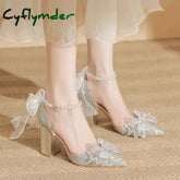 Cyflymder High Heels New Pearl Bow Silver Hollow Sandals Graduation Wedding Dress Big Size Bride Shoes