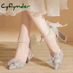 Cyflymder High Heels New Pearl Bow Silver Hollow Sandals Graduation Wedding Dress Big Size Bride Shoes