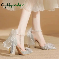 Cyflymder High Heels New Pearl Bow Silver Hollow Sandals Graduation Wedding Dress Big Size Bride Shoes