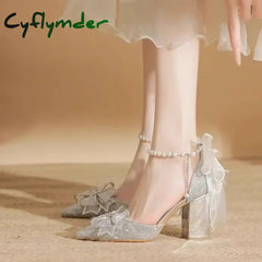 Cyflymder High Heels New Pearl Bow Silver Hollow Sandals Graduation Wedding Dress Big Size Bride Shoes yin-8cm / 38
