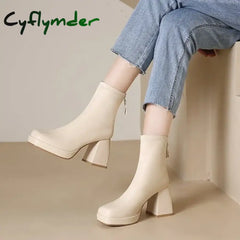 Cyflymder High Heels Short Boots Women Fashion Shoes Autumn Winter Chunky Heels Waterproof Square Toe Plus Size Ankle
