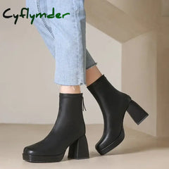 Cyflymder High Heels Short Boots Women Fashion Shoes Autumn Winter Chunky Heels Waterproof Square Toe Plus Size Ankle