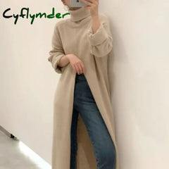 Cyflymder High Neck Loose Slit Long Knit Sweater Bottom Sweater Dress Vestidos De Mujer Black Knitted Robe Vintage New