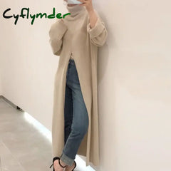 Cyflymder High Neck Loose Slit Long Knit Sweater Bottom Sweater Dress Vestidos De Mujer Black Knitted Robe Vintage New