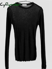 High Quality Plain T Shirt Women Cotton Elastic Basic T-shirts Female Casual Tops Long Sleeve Sexy Thin T-shirt see through Cyflymder