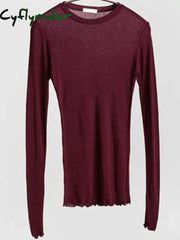 High Quality Plain T Shirt Women Cotton Elastic Basic T-shirts Female Casual Tops Long Sleeve Sexy Thin T-shirt see through Cyflymder