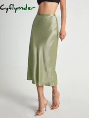 Cyflymder- High Waisted Satin Flowy Midi Skirt Skirts