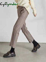 Cyflymder High-waisted Tweed Straight Pants Autumn/Winter New Women’ S Pants Loose Casual Herringbone Warm Thickened