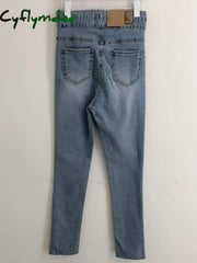 Cyflymder High Waisted Women’s Jeans With Staggered Button Design Tight Elastic Leg Pants Korean