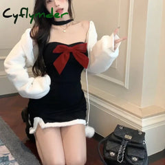 Cyflymder holiday dress Japanese Kawaii 2 Piece Set Women Sexy Sweet Bow Party Mini Dress Plush Cropped Coat Suit