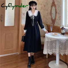 Cyflymder holiday dress New Vintage Shirt Dress Women Autumn Spring Long Sleeve Robe Kawaii Lolita Elegant Midi Dresses