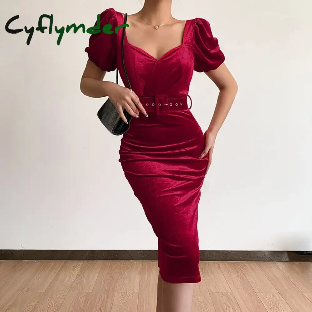 Cyflymder holiday dress Spring New Solid Color Tunic Waist Show Chest Sexy Low Neck Bubble Sleeves Velvet Wrapped Hip