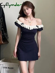 Cyflymder holiday dress Summer Elegant Solid Sleeveless Strap Dress Women Korean Fashion Bow Lace Short Dress Female