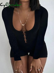 Cyflymder Hollow Hook Front Skinny Sexy Black Rompers Womens Black Solid O Neck Long Sleeve Autumn Winter Playsuit