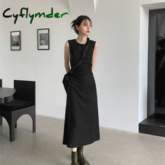 Cyflymder Hollow Out Dress Women Elegant Solid Sleeveless A Line Midi Dresses Summer Korean