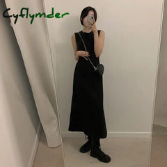 Cyflymder Hollow Out Dress Women Elegant Solid Sleeveless A Line Midi Dresses Summer Korean