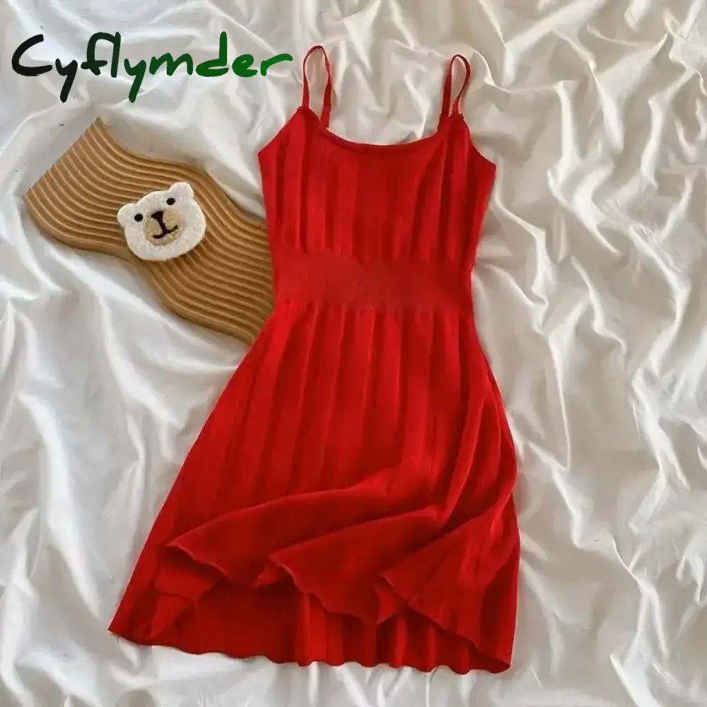 Cyflymder Hollow Out Elegant Striped Mini Dress Women Solid Red Elastic Dresses Korean Spaghetti Strap Slim A Line