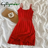 Cyflymder Hollow Out Elegant Striped Mini Dress Women Solid Red Elastic Dresses Korean Spaghetti Strap Slim A Line