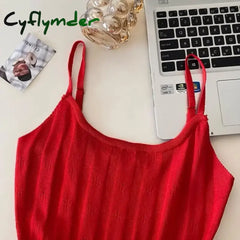 Cyflymder Hollow Out Elegant Striped Mini Dress Women Solid Red Elastic Dresses Korean Spaghetti Strap Slim A Line