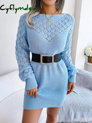 Cyflymder Hollow Out Long Sleeve Casual Knitted Sweater Dress Women Autumn Winter Clothes Without