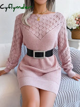 Cyflymder Hollow Out Long Sleeve Casual Knitted Sweater Dress Women Autumn Winter Clothes Without