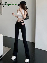 Cyflymder Hollow Out Pearls Chain Low Waisted Flare Jeans Slim Aesthetic Retro Denim Sweatpants Streetwear Fashion