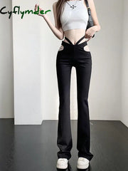 Cyflymder Hollow Out Pearls Chain Low Waisted Flare Jeans Slim Aesthetic Retro Denim Sweatpants Streetwear Fashion