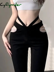 Cyflymder Hollow Out Pearls Chain Low Waisted Flare Jeans Slim Aesthetic Retro Denim Sweatpants Streetwear Fashion