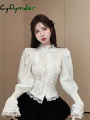 Cyflymder Horn Bubble Sleeve Shirt Women’s Half High Collar Top Lace Bottom Shirt