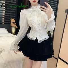 Cyflymder Horn Bubble Sleeve Shirt Women’s Half High Collar Top Lace Bottom Shirt