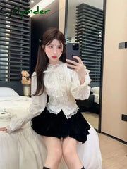 Cyflymder Horn Bubble Sleeve Shirt Women’s Half High Collar Top Lace Bottom Shirt