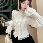 Cyflymder Horn Bubble Sleeve Shirt Women’s Half High Collar Top Lace Bottom Shirt WHITE / XL
