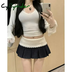 Cyflymder Hot Girl Lace Splicing Pleated Skirt Autumn/Winter New Chic Anti Glare High Waist Slimming A-line Grey Mini