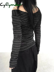 Cyflymder summer inspo Hot Japanese Basic Slim Long Sleeve Stripe Tee Off Shoulder O Neck Korean Street Style Spring