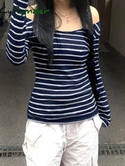 Cyflymder summer inspo Hot Japanese Basic Slim Long Sleeve Stripe Tee Off Shoulder O Neck Korean Street Style Spring