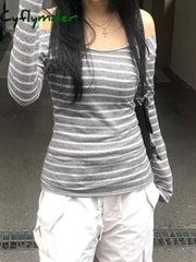 Cyflymder summer inspo Hot Japanese Basic Slim Long Sleeve Stripe Tee Off Shoulder O Neck Korean Street Style Spring
