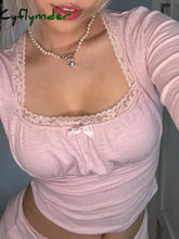 Cyflymder summer inspo Hot Japanese Kawaii Pink Sweet Bow Long Sleeve Tee Front Ruched Bust Lace Trim Square Collar