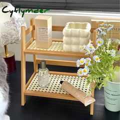 Cyflymder Ins Antique Rattan Cream Double-layer Desktop Storage Rack Dormitory Bedroom Office Kitchen Cup Holder
