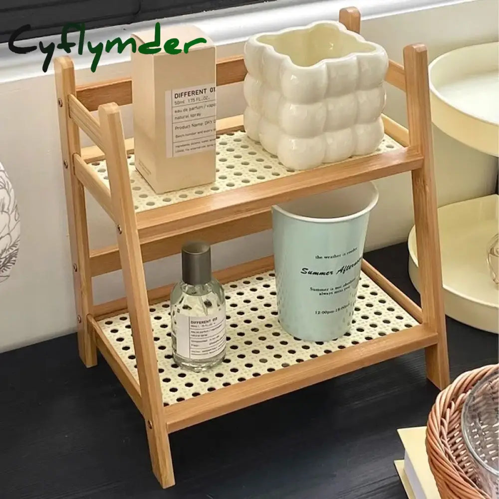 Cyflymder Ins Antique Rattan Cream Double-layer Desktop Storage Rack Dormitory Bedroom Office Kitchen Cup Holder