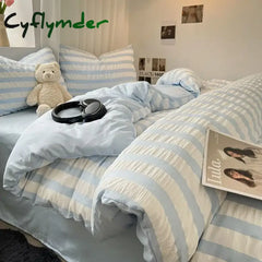 Cyflymder INS Blue White Stripe Seersucker Duvet Cover Bed Sheet Pillowcases NO Filler Princess Bedding Set Girls Home